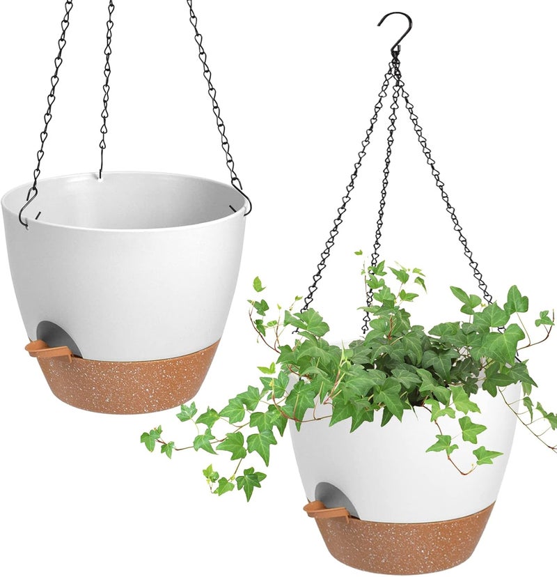 Vanslogreen Hanging Planters for Indoor Outdoor Plants, 2 Pack Self Watering Hanging Pot with Drainage Holes & Removable Tray (White, 8'') - Image 1